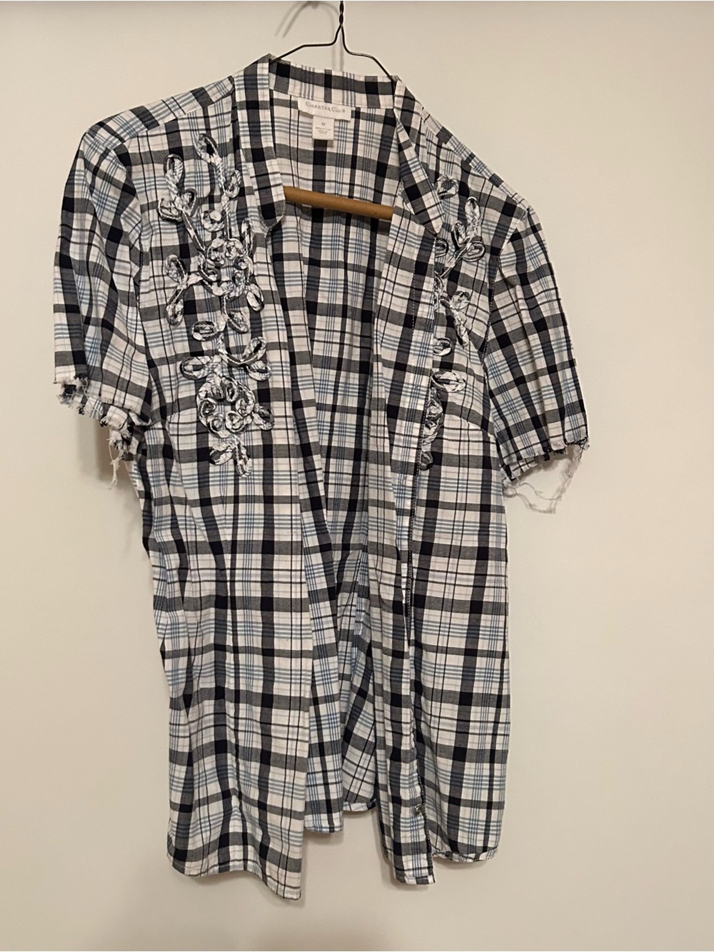 Charter Club Black & White Plaid Button-Down Top with Floral Embroidery